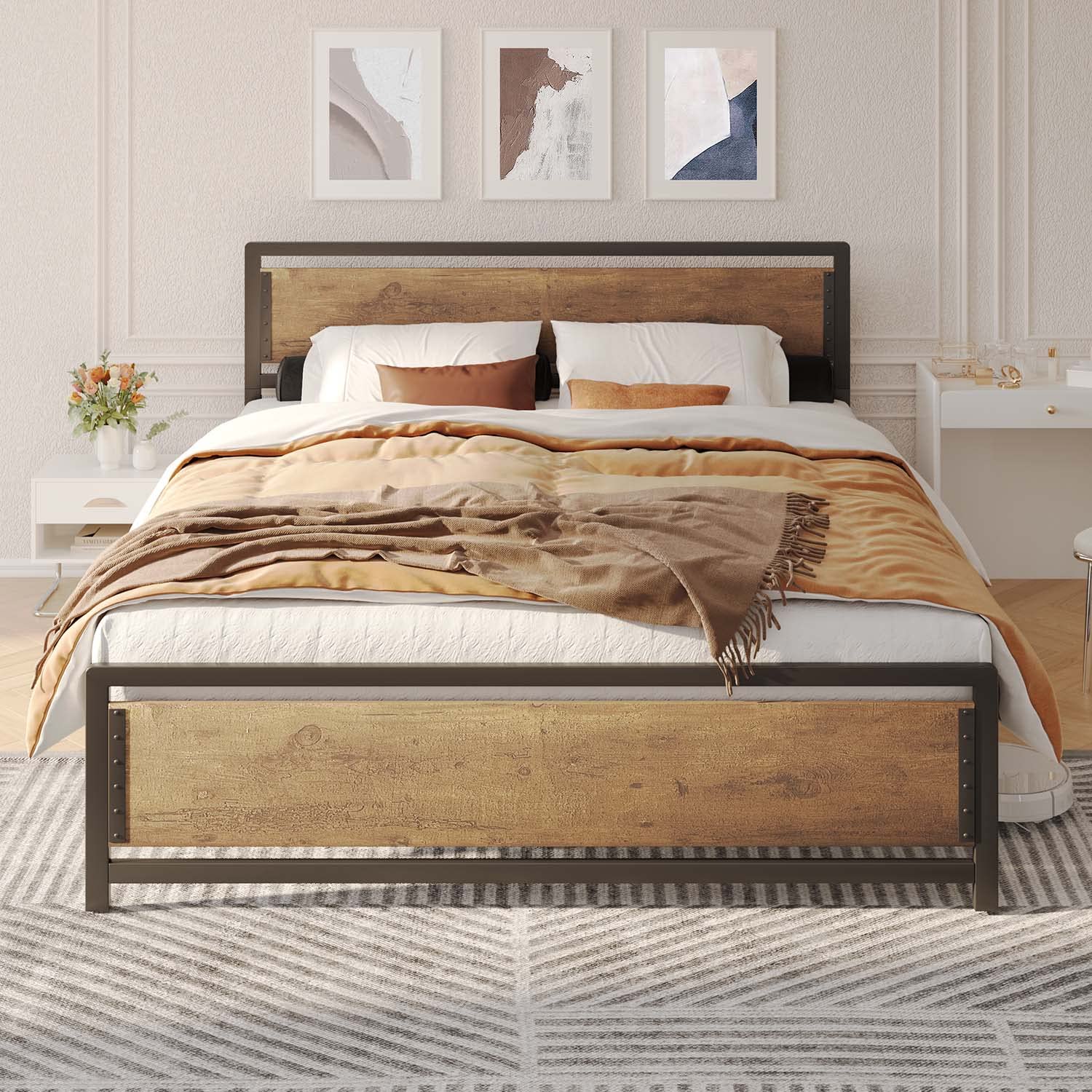 Queen Metal Platform Bed Frame with Wooden Headboard, 15 Iron Slats, Large Underbed Storage, Easy Assembly,