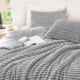 EXQ Home Fluffy Comforter Set Queen Size - Super Soft Faux Fur Stripe Jacquard Comforter 3 Pieces, Light Gray Fleece Bedding Set,Winter Warm Bed Set,1 Comforter with 2 Pillowcases