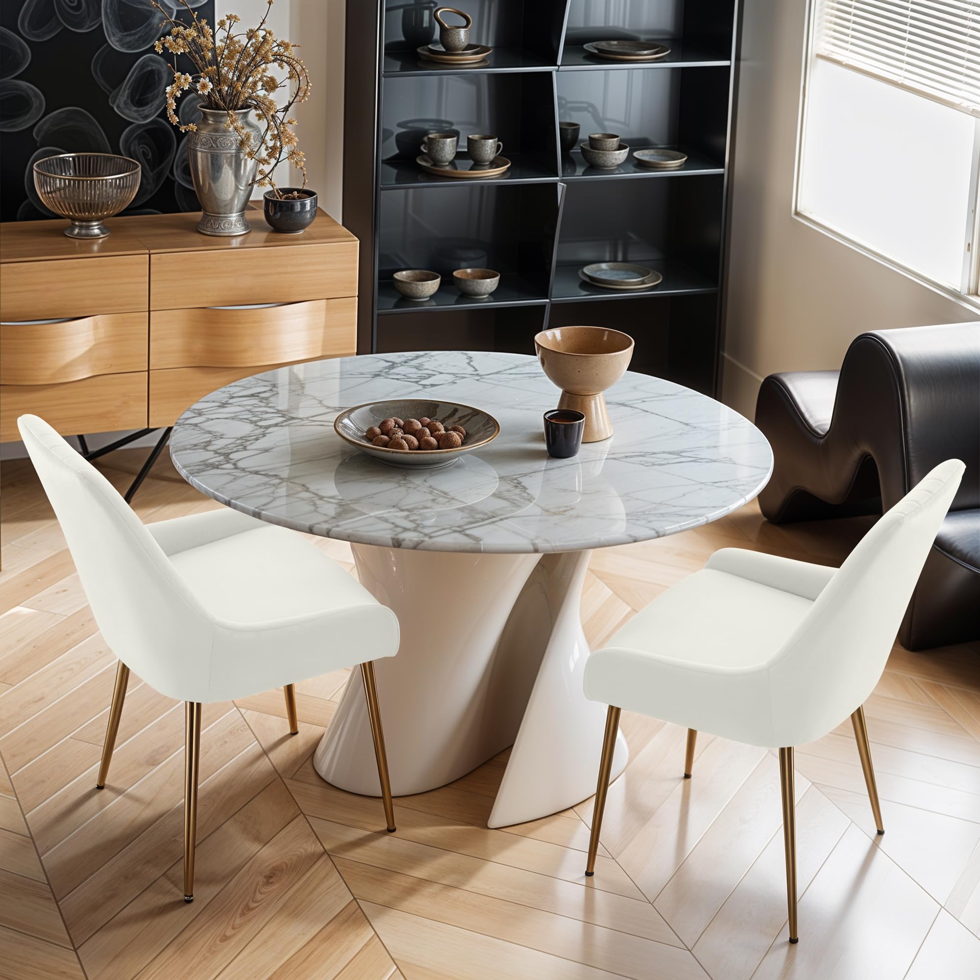 LOVSPATIO Dining Chairs Set of 2, Mid Century Modern Kitchen Armless Dining Chairs with Velvet Cushion Seat & with Gold Metal Legs for Vanity Room Bedroom Living Room (White)