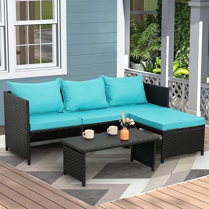 Valita 3-Piece Outdoor PE Rattan Furniture Set Patio Black Wicker Conversation Loveseat Sofa Sectional Couch Khaki Cushion