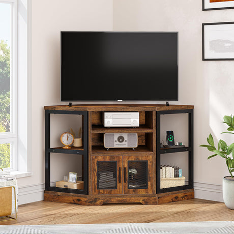 Corner TV Stand for TVs up to 55 Inch with Power Outlet, Modern Farmhouse