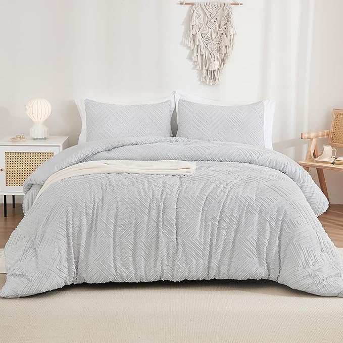 King Size Comforter Set Beige, 3 Pieces Boho King Bedding Comforter Set Cream, All Season Soft Lightweight Tufted Textured Down