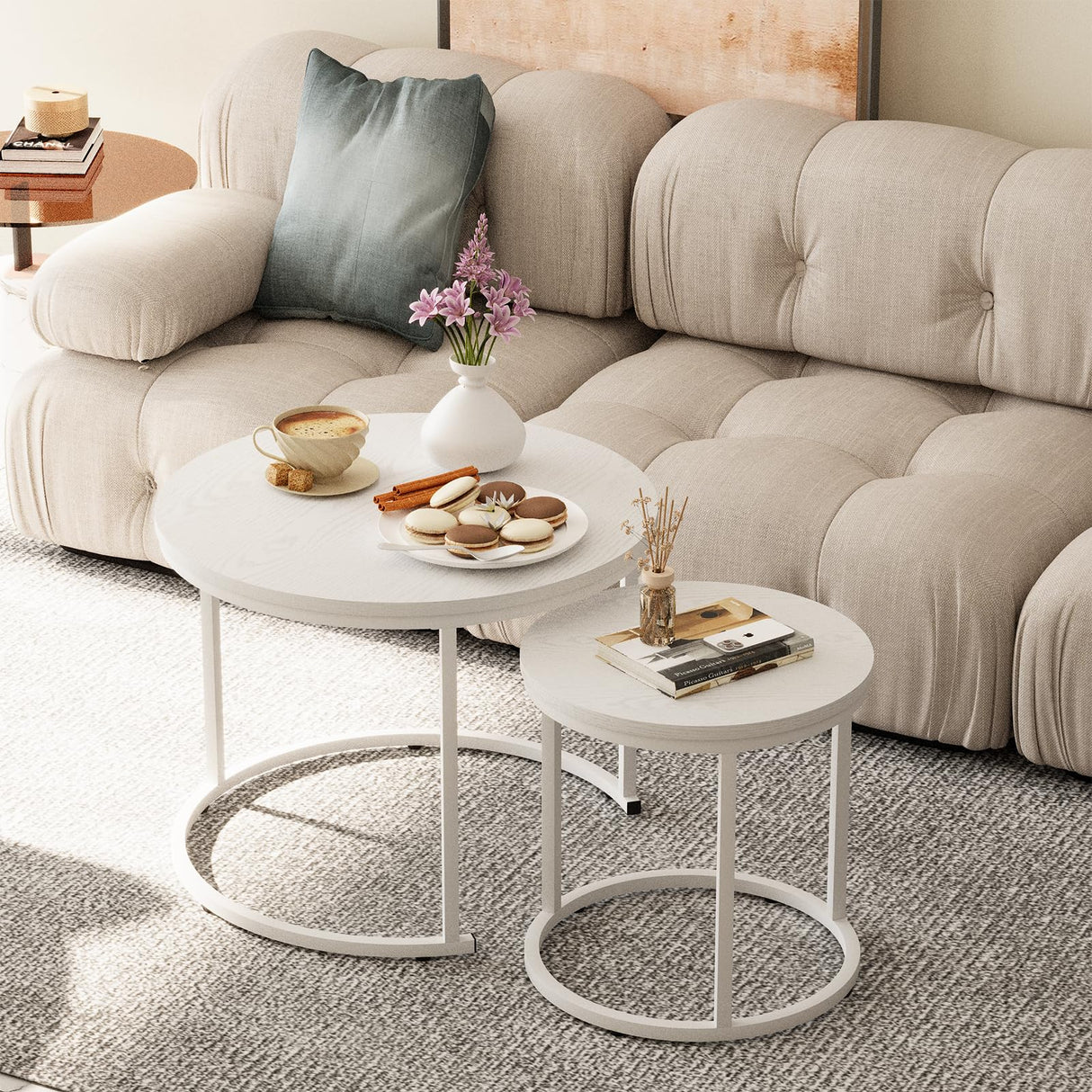 Nesting Coffee Table Round Side Table Set of 2 End Tables for Living Room Bedroom