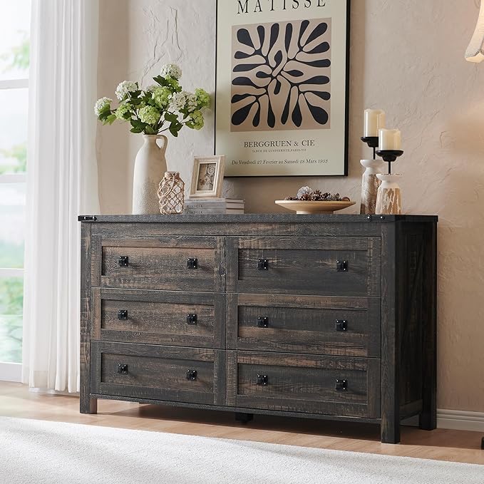 6 Drawer Dresser for Bedroom, 54 Inch Wide Rustic Wood Dresser