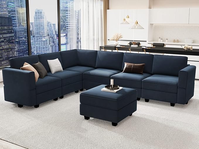 Modular Sectional Sofa with Ottoman, Velvet L-Shape Corner Sofa Set, 7-Seater, Blue