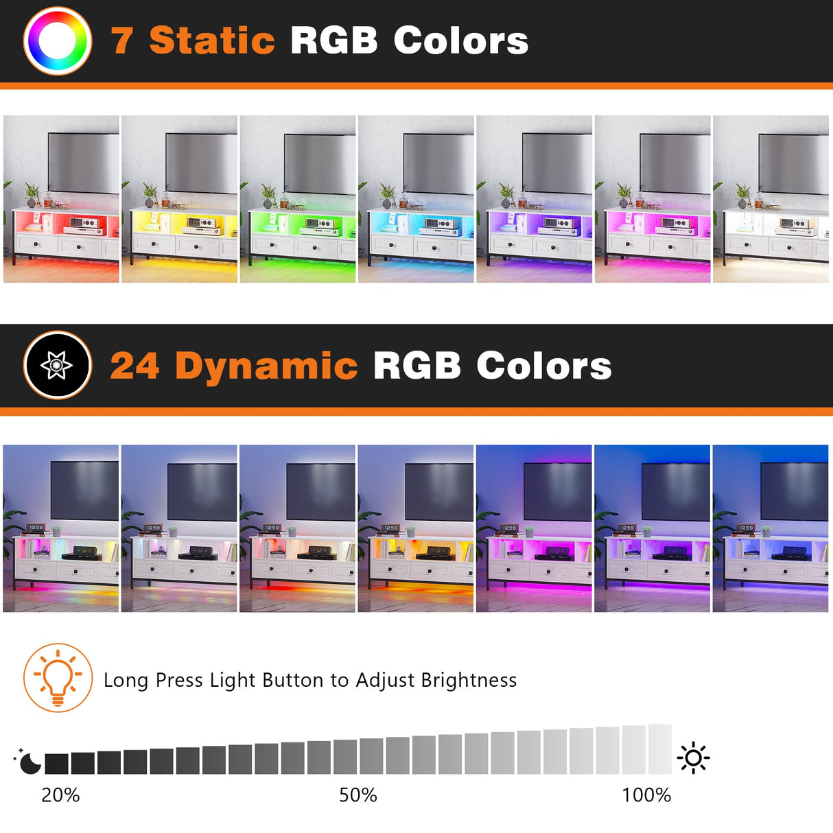 RGB TV Stand with 24 Color Lights,55’’ to 70 Inches Televisions with Wireless Charging Station