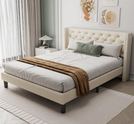 Queen Bed Frame Modern: Minimalist Tufted Headboard- Upholstered Platform Frames-Quiet and Strong hardwood Wooden Slats-No Spring Needed-Cushioned Upholstered Bedframes-Easy to Assemble,Beige Color