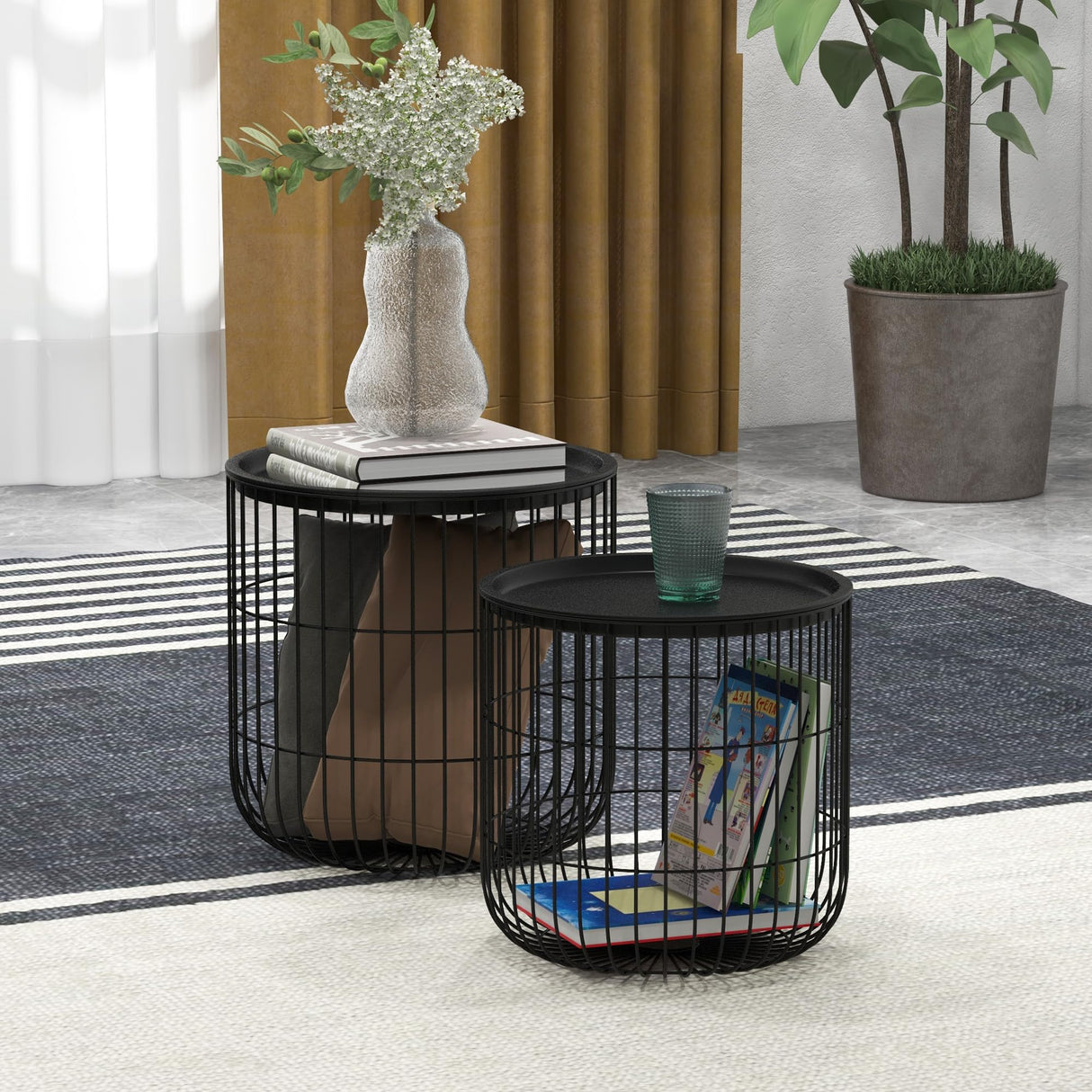 Nesting Coffee Tables, Round Coffee Table Set of 2 with Steel Wired Basket Body