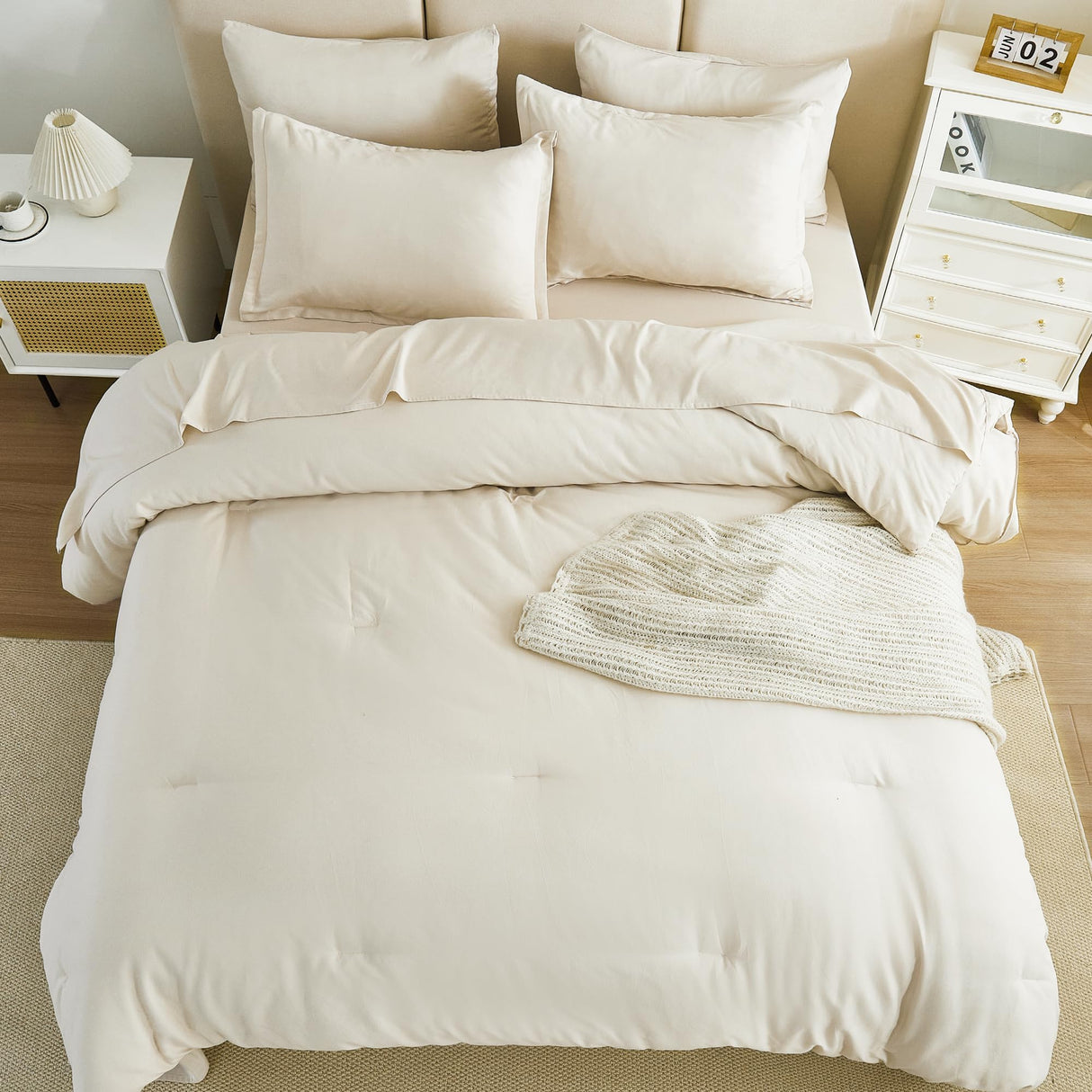 California King Comforter Set Beige - 7 Pieces Bed in a Bag Cal King Beddding Comforter