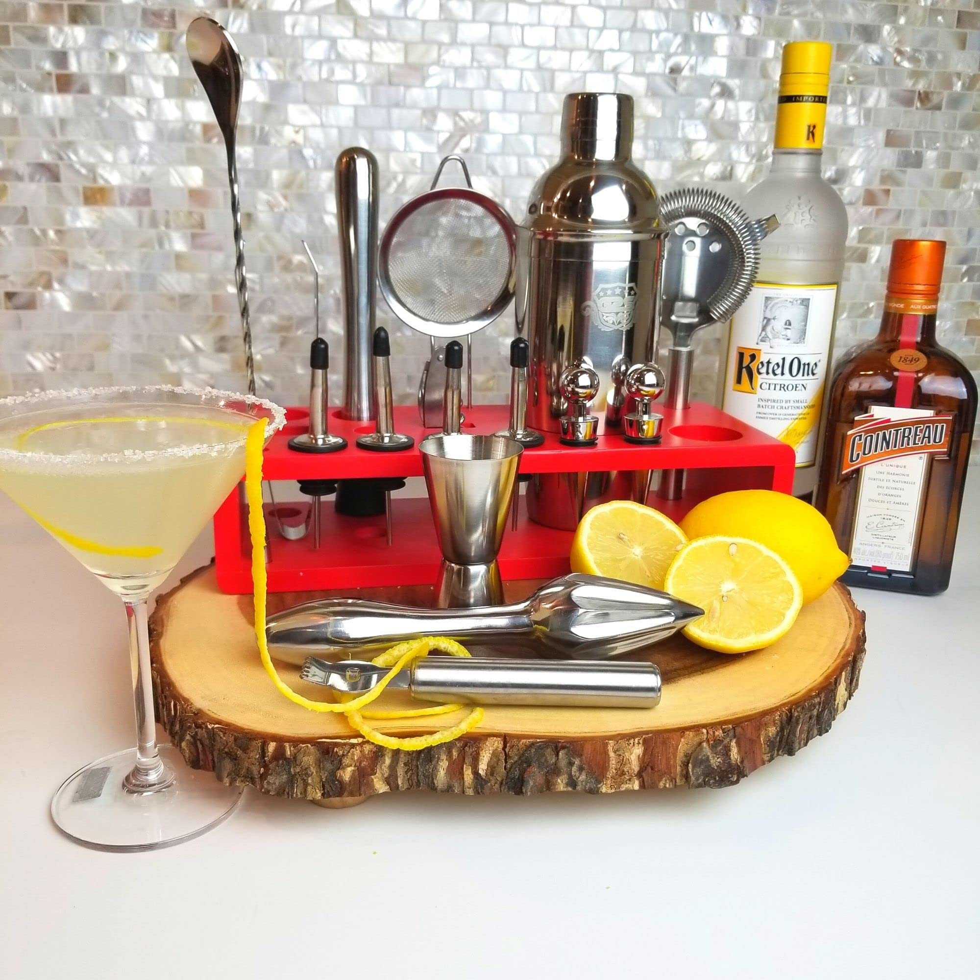 Professional Bartender Kit and Cocktail Shaker Set with Stand - 17 Piece Stainless Steel