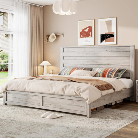 Farmhouse Full Bed Frame with 49" Tall Headboard, Wooden Platform Bed