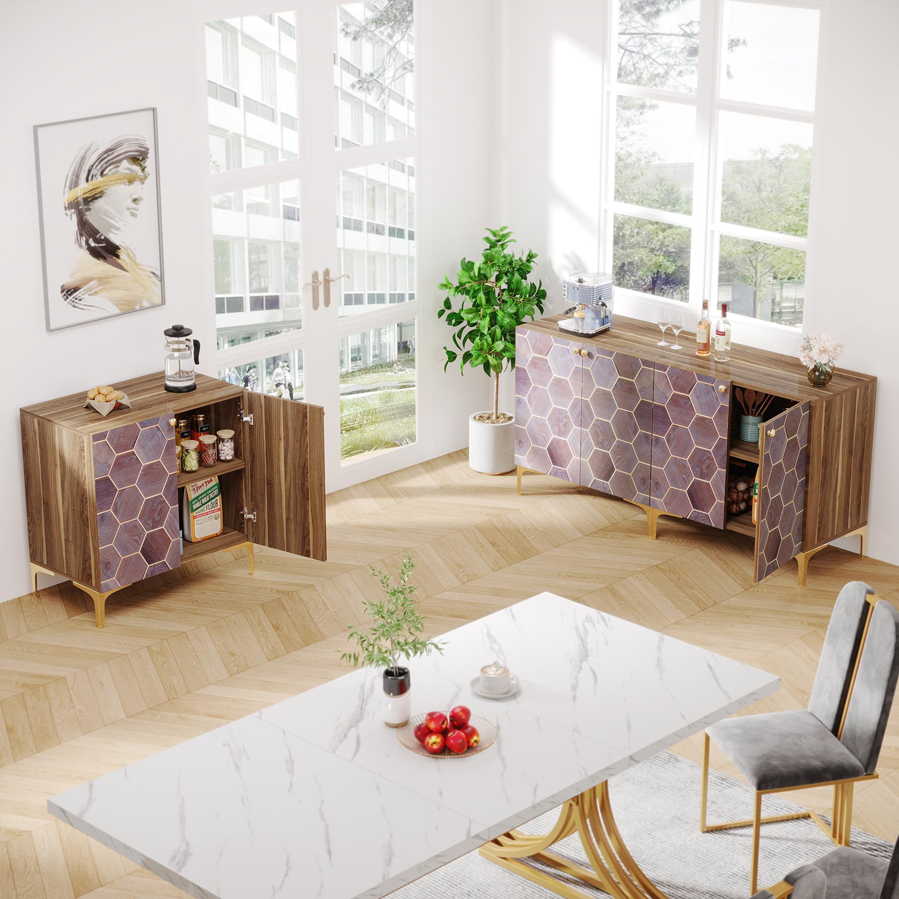 63" Modern Buffet Sideboard Set of 2, Buffet Storage Cabinet with Doors