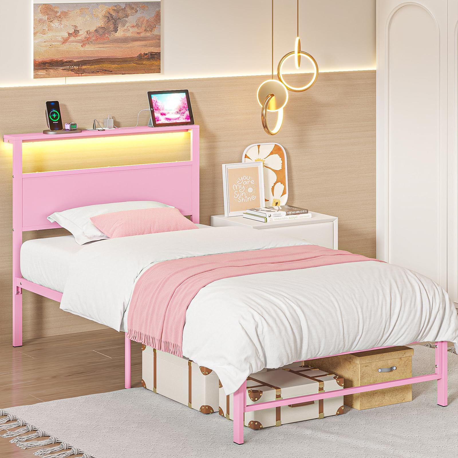 Twin Bed Frame with Storage, LED Lights & Charging Station