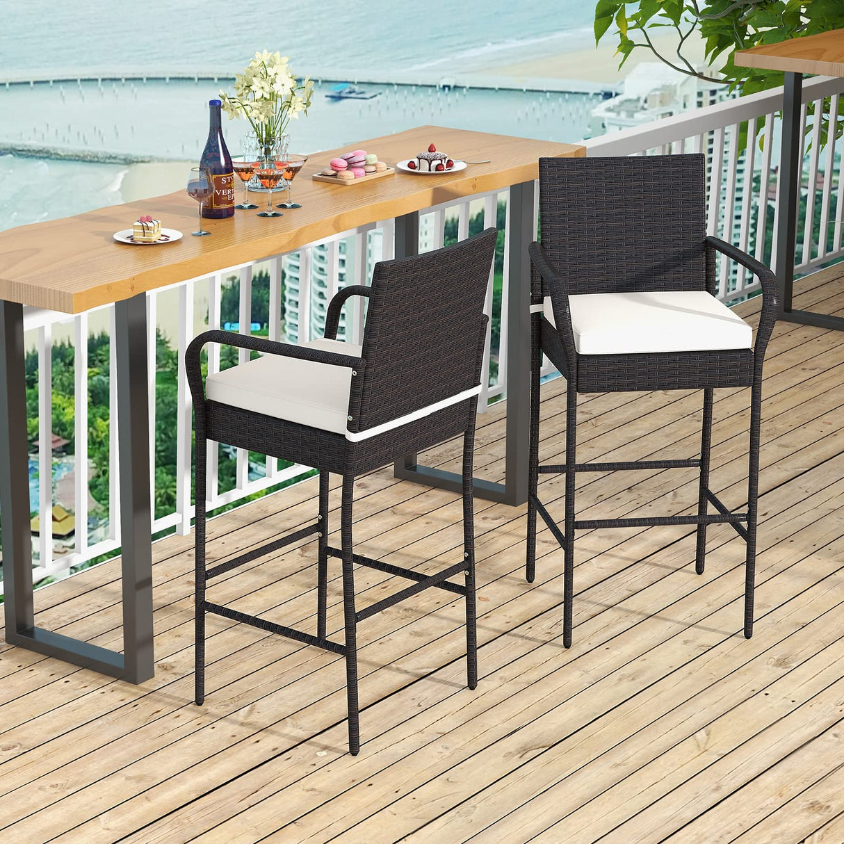 Patio Wicker Barstools Set of 2, Outdoor PE Rattan Bar Chairs with Armrests & Soft Cushiontables