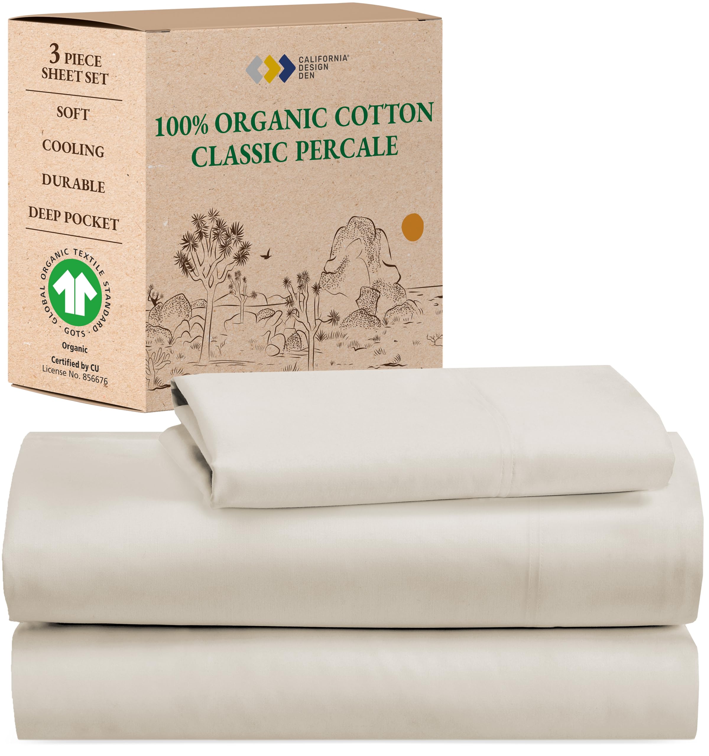 California Design Den 100% Organic Cotton Bed Sheets Twin, Deep Pocket Percale Sheets, GOTS Certified Twin Sheets Set - Soft, Crisp & Cooling Sheets, 3 Piece Twin Bed Sheets, Ivory Sheets