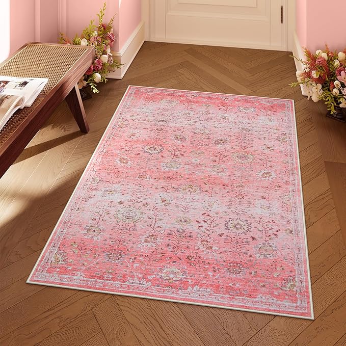 Pink Boho Area Rug, 8x10 Pink Rugs for Bedroom Girls Large Living Room Area Rugs