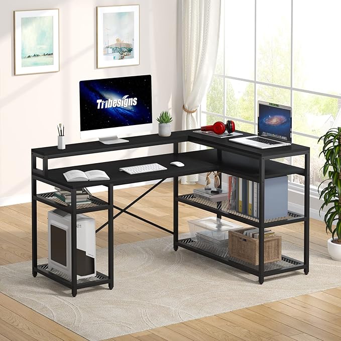 L Shaped Desk with Storage and Monitor Stand, Industrial Home Office Computer Desk
