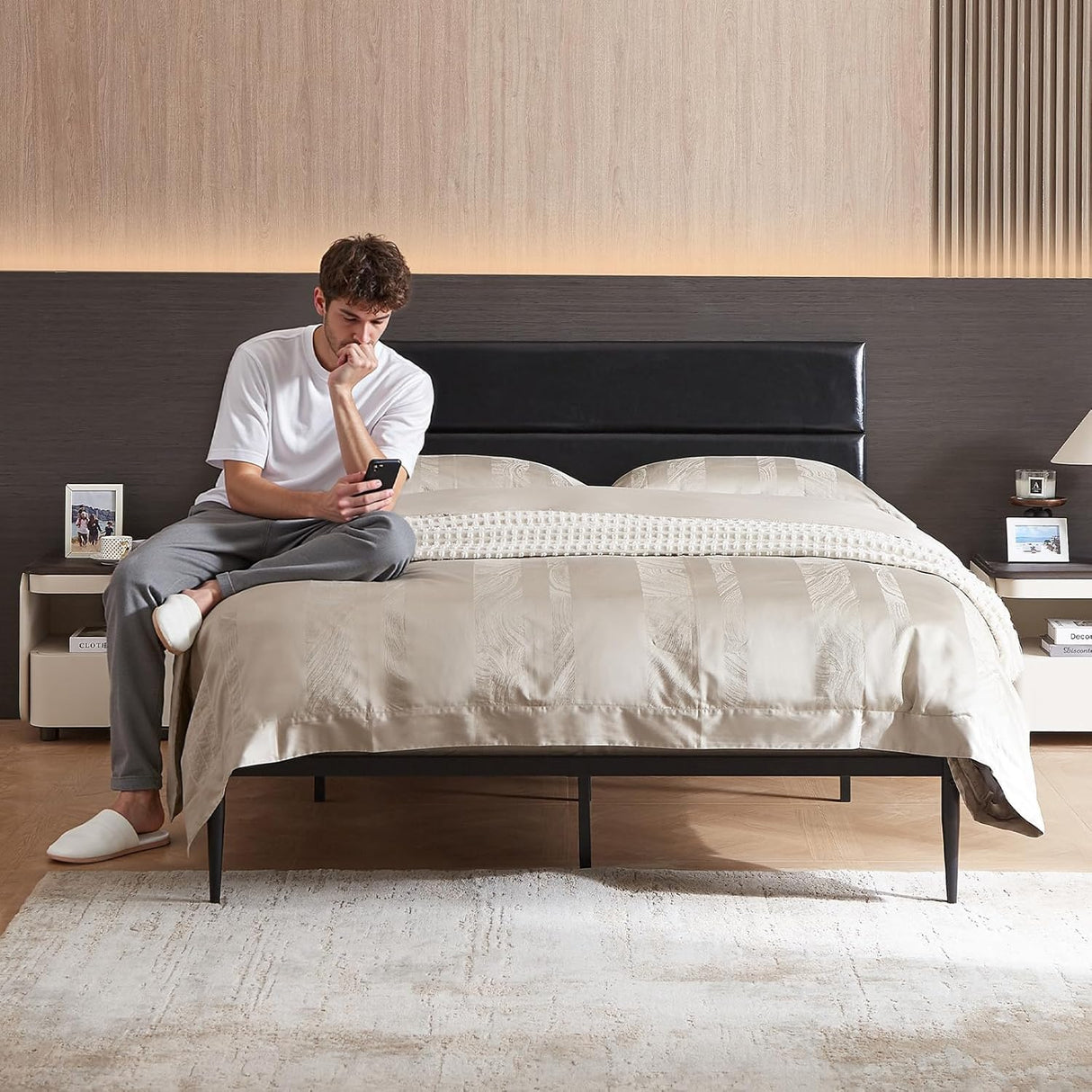 Queen Size Platform Bed Frame with Upholstered Headboard - Dark Black