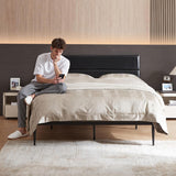 Queen Size Platform Bed Frame with Upholstered Headboard - Dark Black