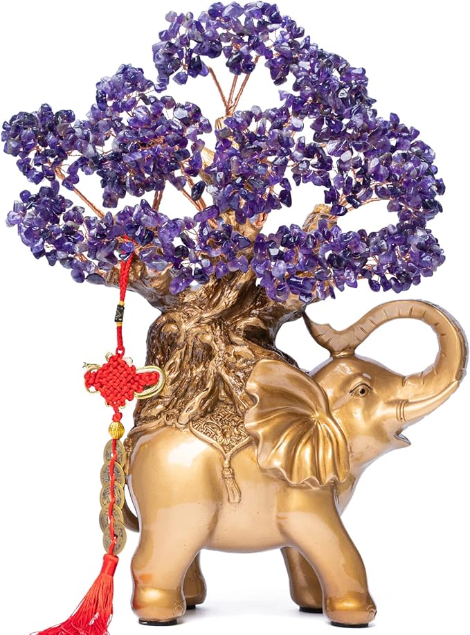 7 Chakra Crystal Money Tree on Gold Elephant Statue, 17”Large Gemstone Bonsai Tree