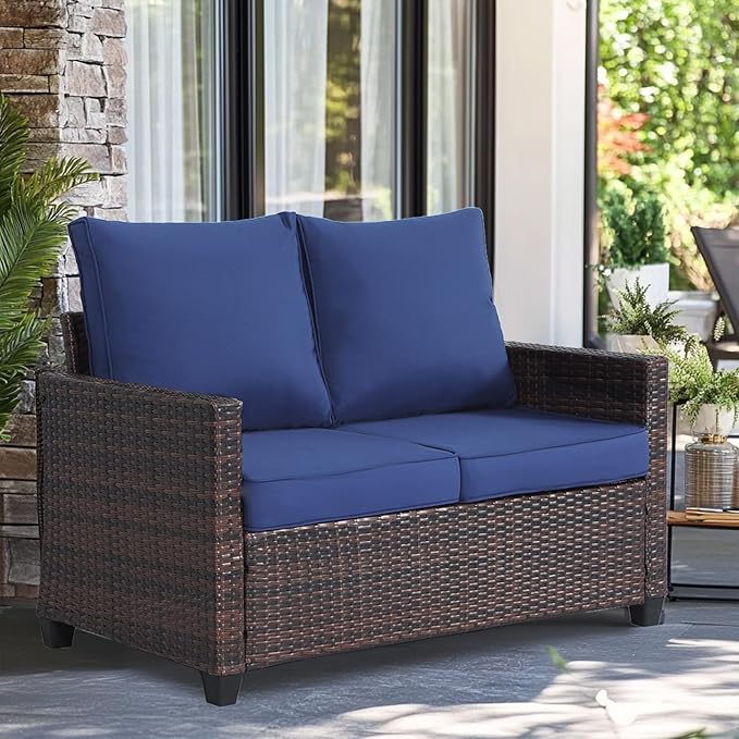 Outdoor Patio Loveseat,All-Weather Wicker Loveseat with Cushions – Rattan
