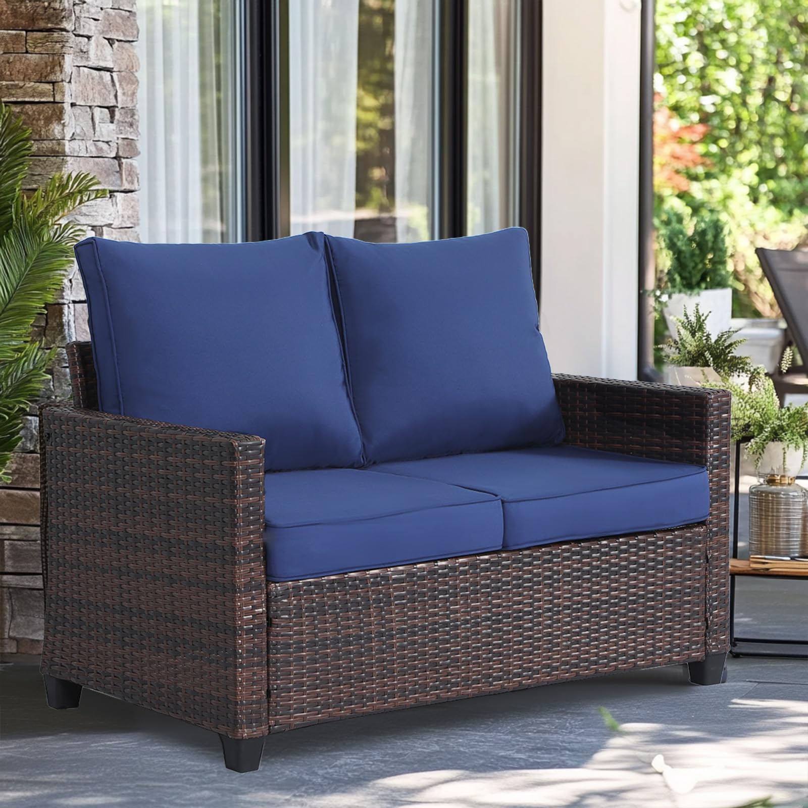 Patio Loveseat,All-Weather Wicker Loveseat with Cushions