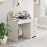 Computer Desk with Drawers and Hutch Shelf, Wood Executive Desk Writing Study