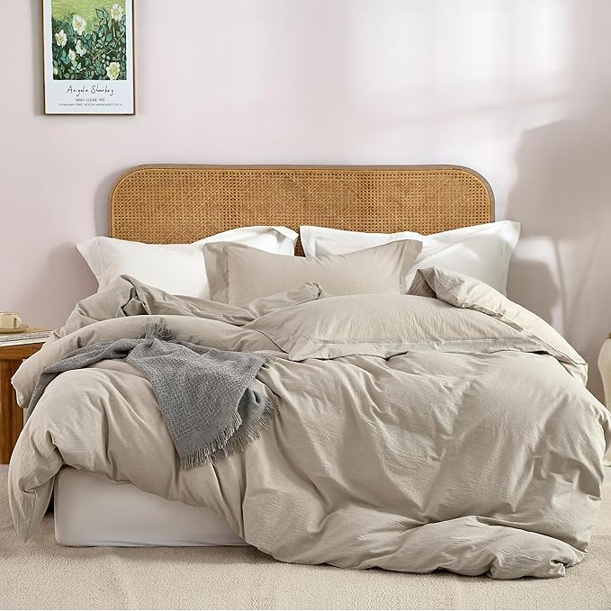 100% Washed Cotton 3 Pieces Blue Duvet Cover Queen Size - Linen Like Textured Breathable Comforter Cover with Pillow Shams (Blue, 90"x90")