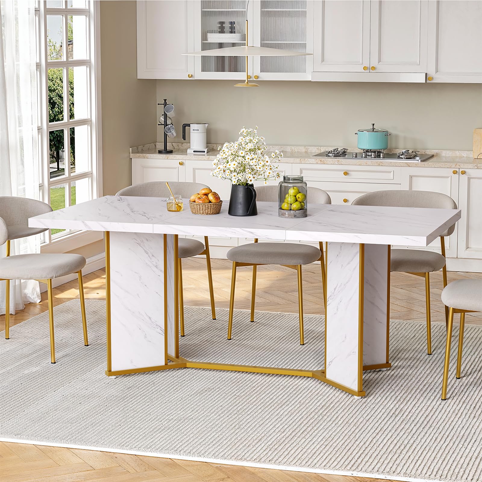 71" Rectangular Dining Table for 6-8 People - White Marble & Gold Metal Frame