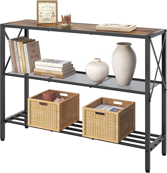 Gold Console Table, 3 Tier Entryway Table, Hallway Table, Narrow Sofa Table with Shelves