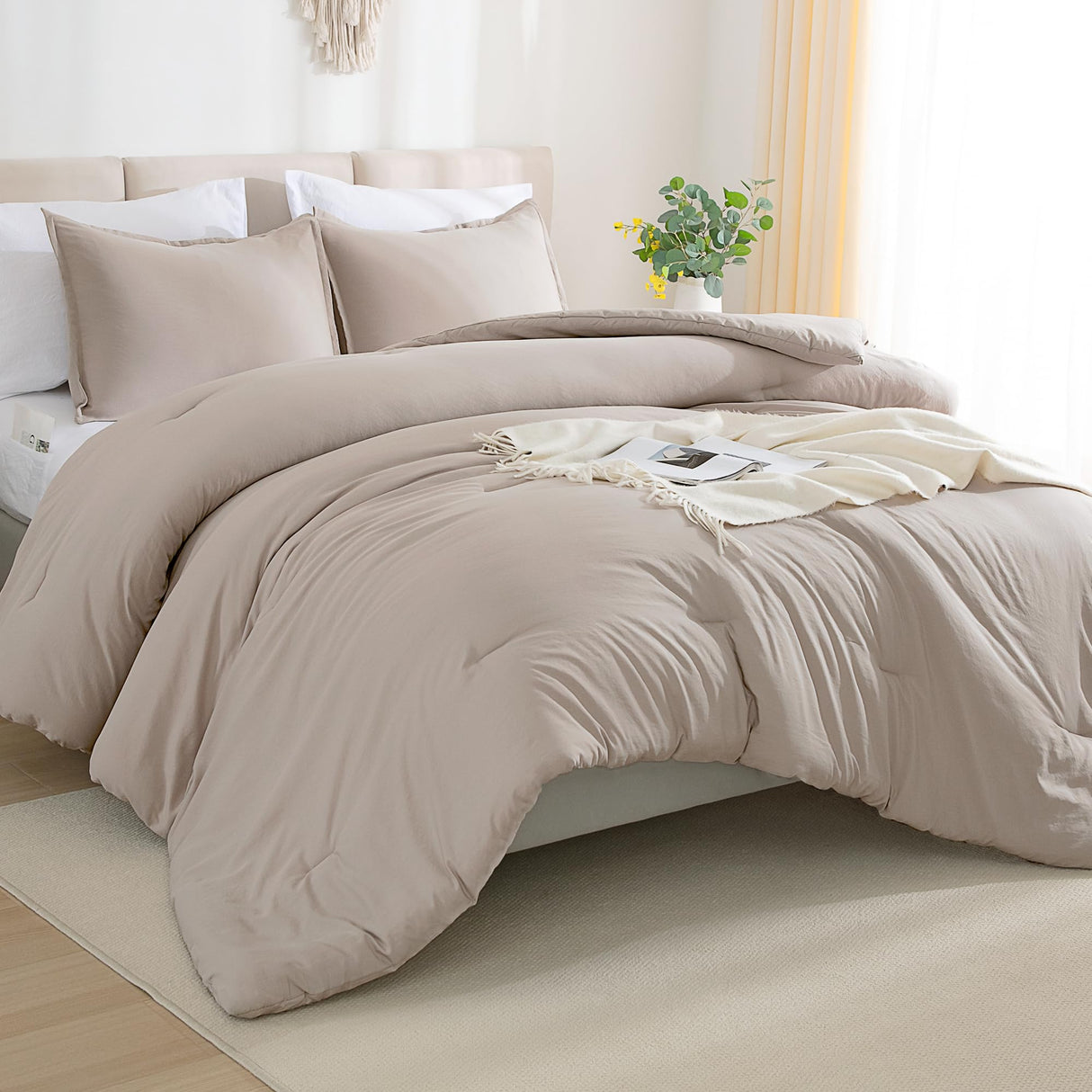 Queen Comforter Set - 7 Pieces Bed in a Bag Queen Bedding Comforter Sets Oatmeal,