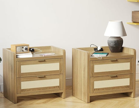 Night Stand Set of 2 - Rattan Nightstands with Built-in Charging Port, 2 Woven Drawers