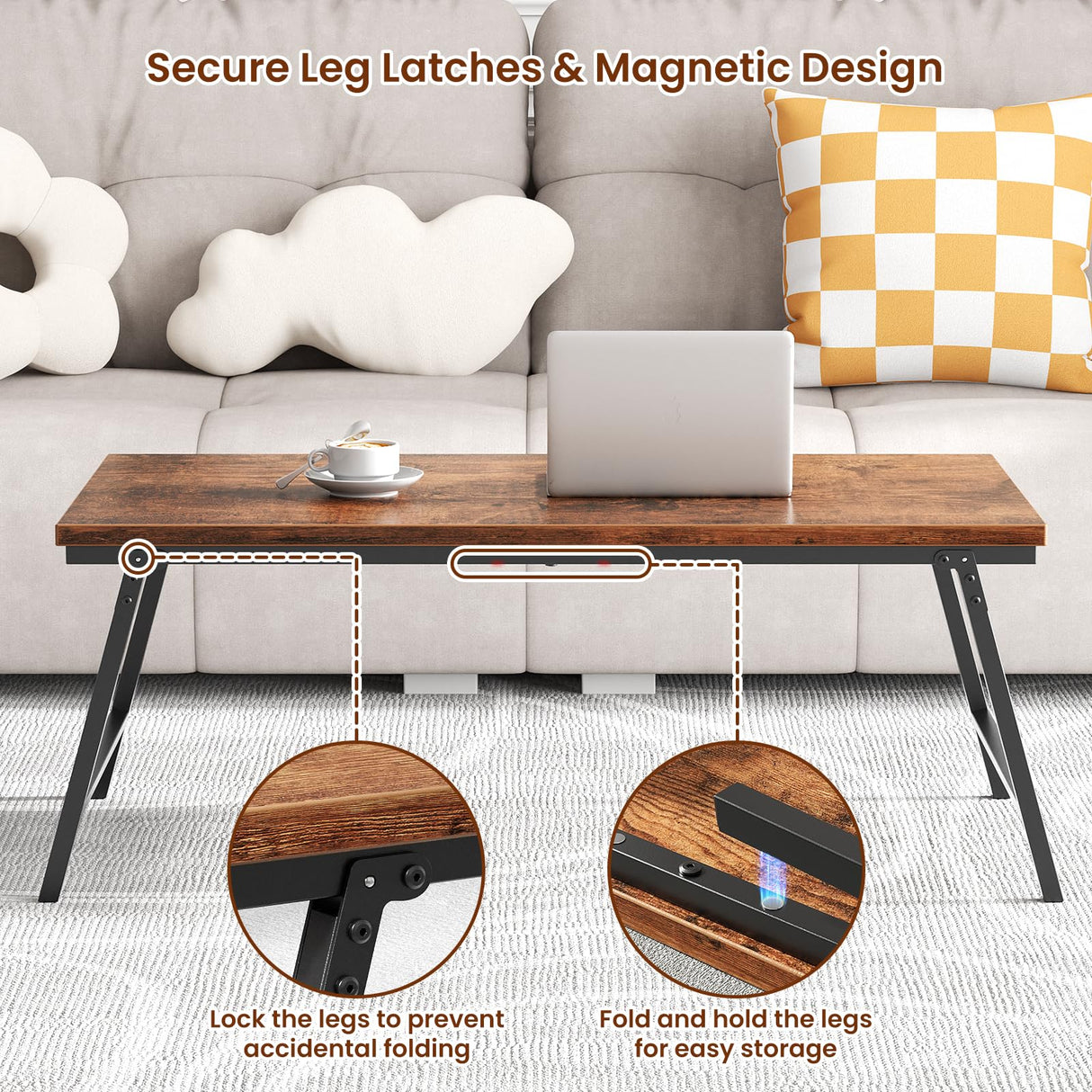 Folding Coffee Table, Leg Latches Portable Sturdy Floor Table Desk