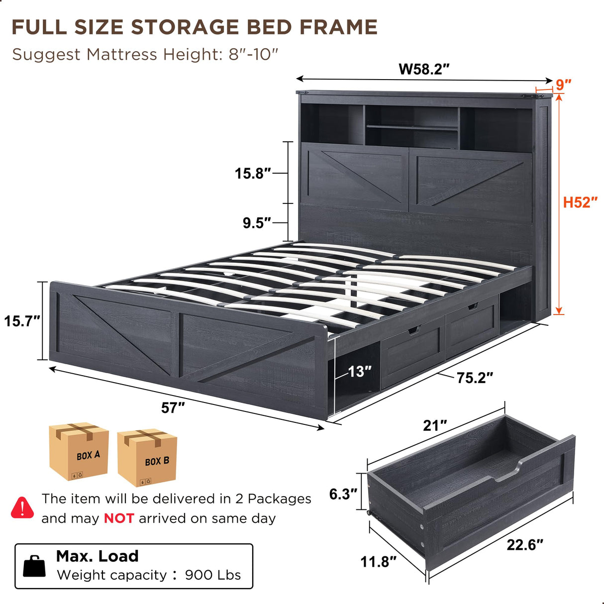 Farmhouse Full Size Wood Bed Frame with 52" Tall Storage Headboard