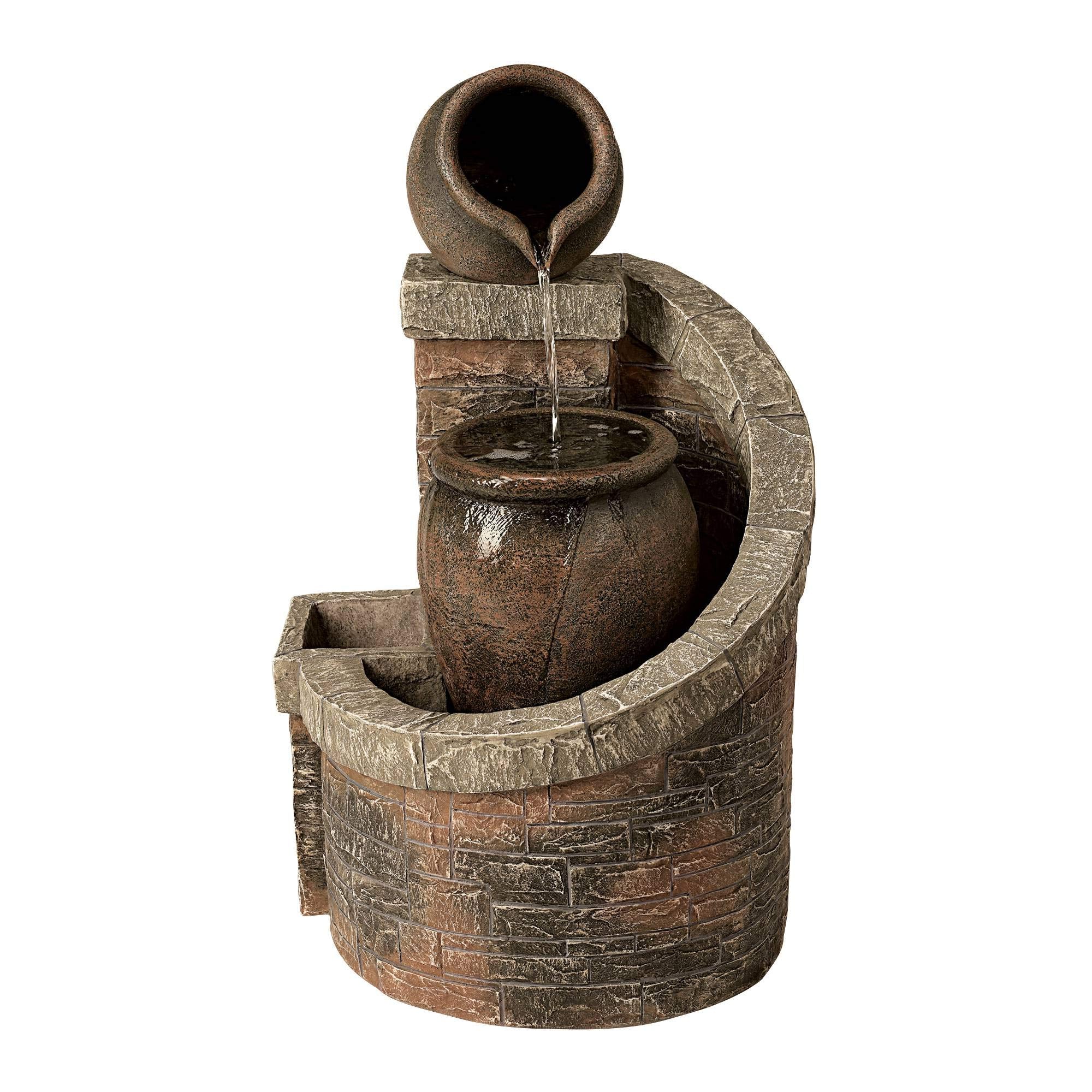 Outdoor Floor Cascading Water Fountain 35" High with LED Light Planter Box for Garden