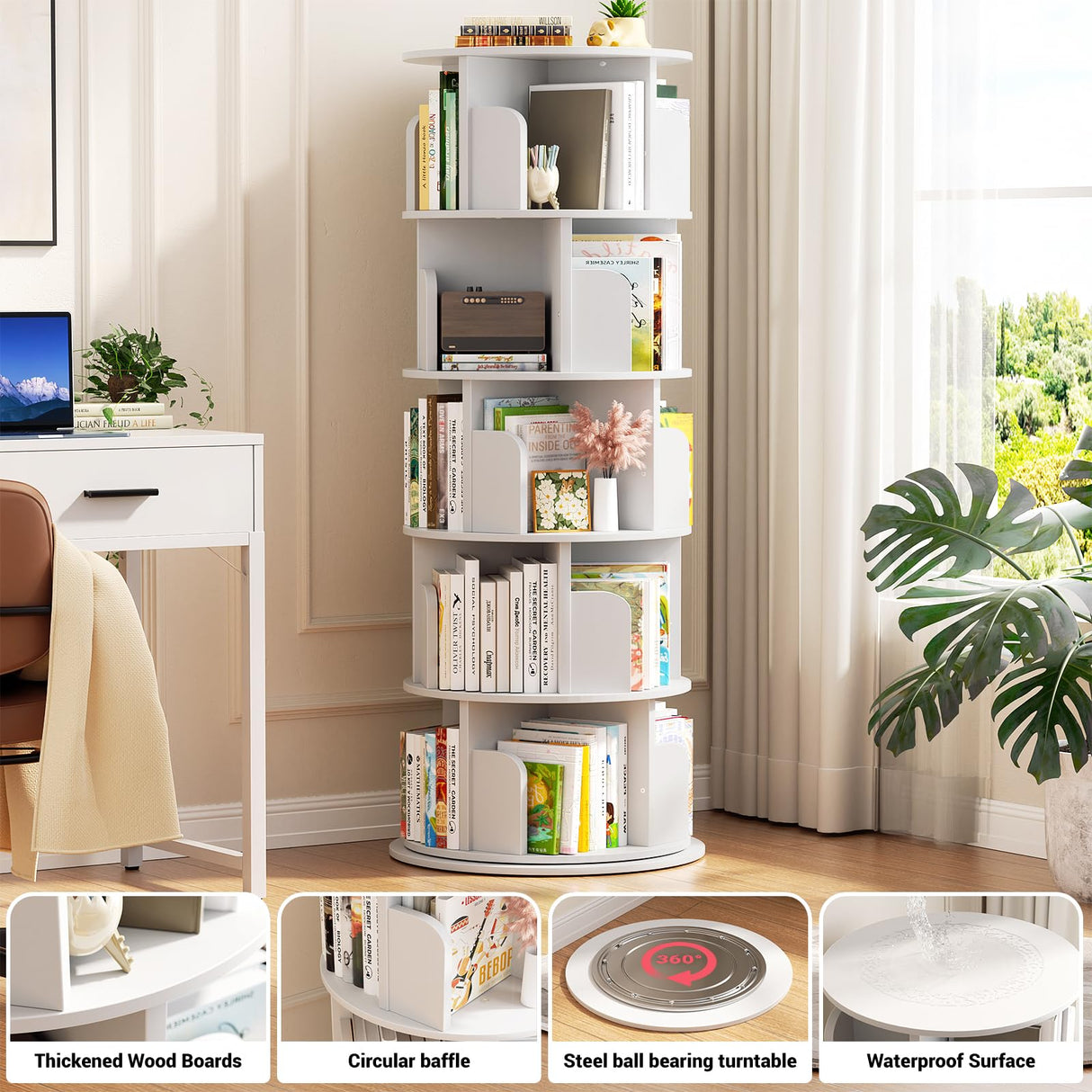 Rotating Bookshelf, 360 Display Wood Spinning Bookshelf Tower, 5 Tier Floor Standing Bookcase Storage Rack, Revolving Bookcase Corner Bookshelf for Small Space, Bedroom, Study Room, White