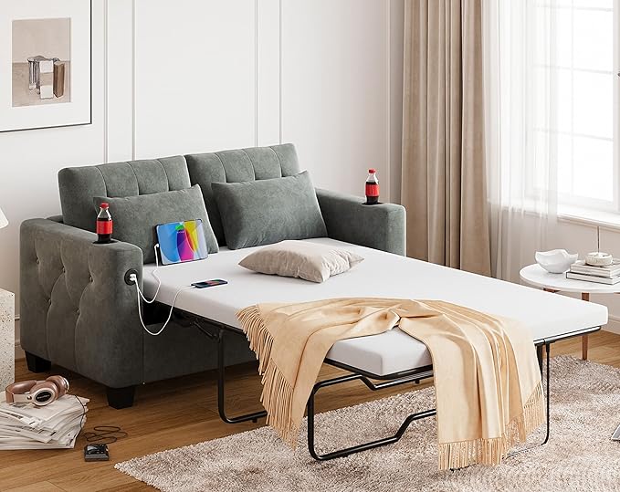 Pull Out Sofa Bed, 2-in-1 Convertible Sleeper Couch with Memory Foam Mattress