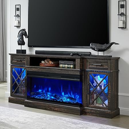 Farmhouse TV Stand with Fireplace, 70'' Entertainment Center Stand with 36" 3-Sided