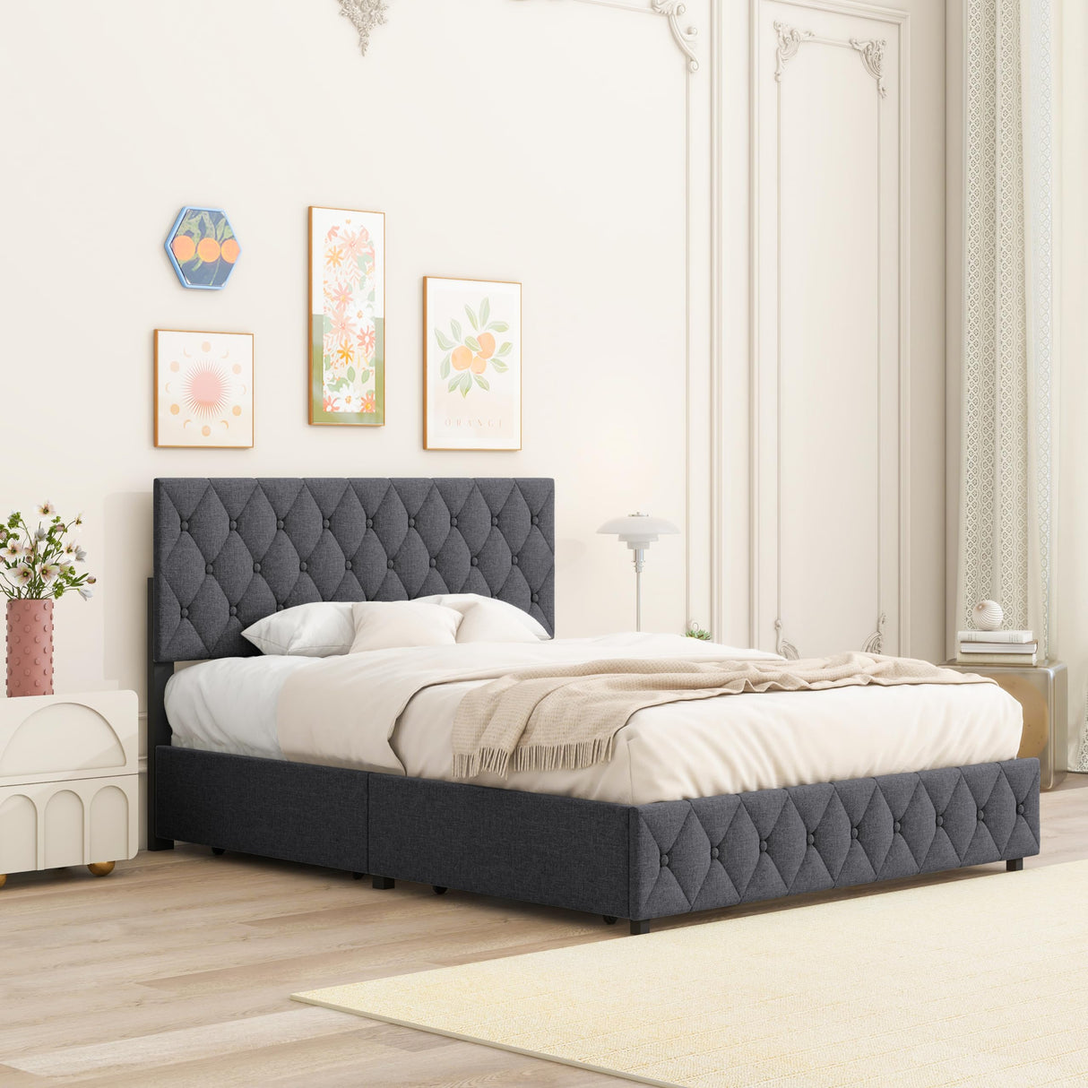 Full Size Upholstered Platform Bed Frame with Adjustable Headboard & 4 Storage Drawers