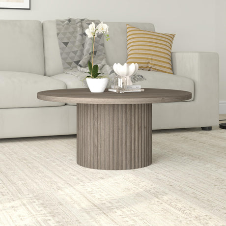 32" Wide Round Coffee Table in Antiqued Gray Oak, for Home, Living Room