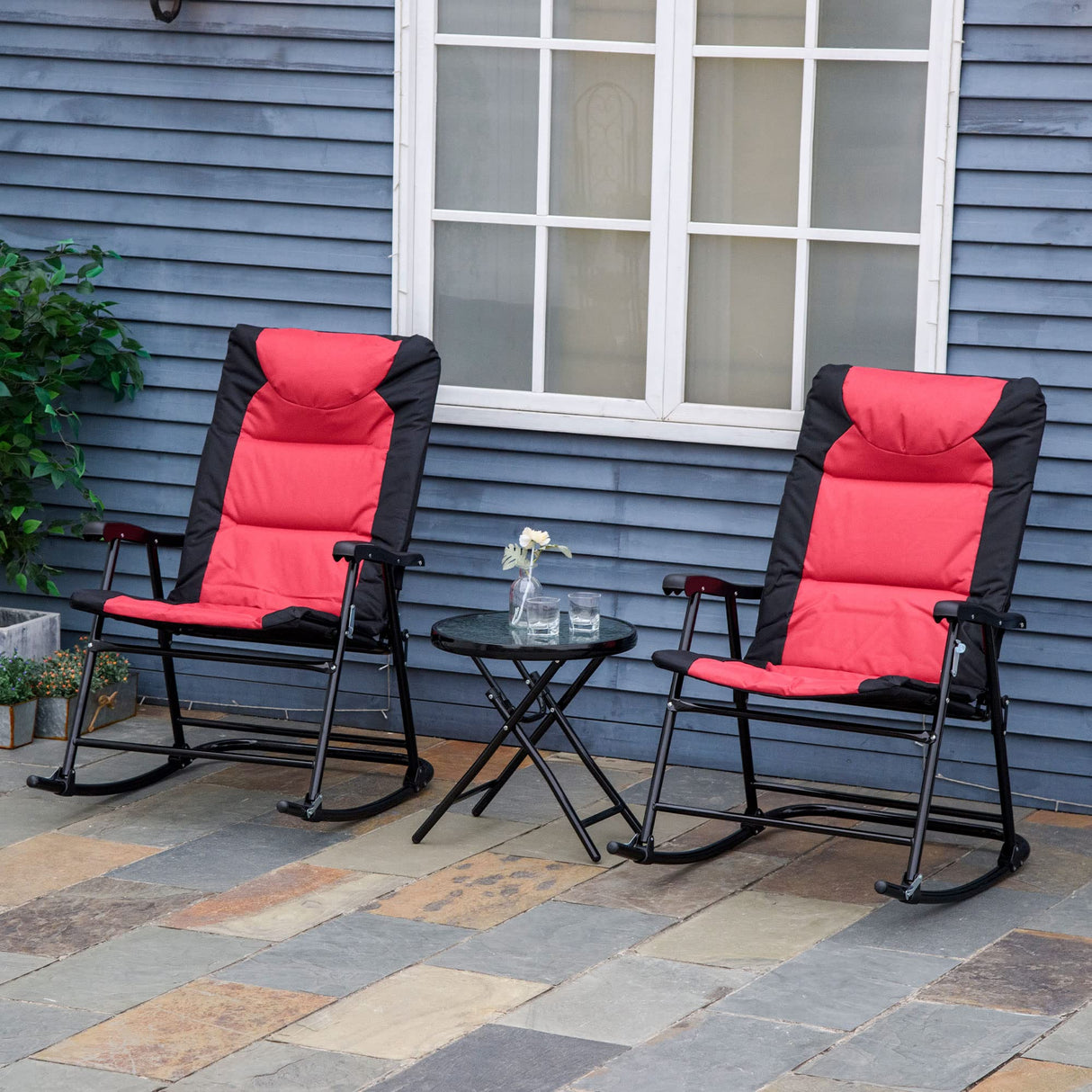 3 Piece Outdoor Patio Furniture Set with Glass Coffee Table & 2 Folding Padded Rocking