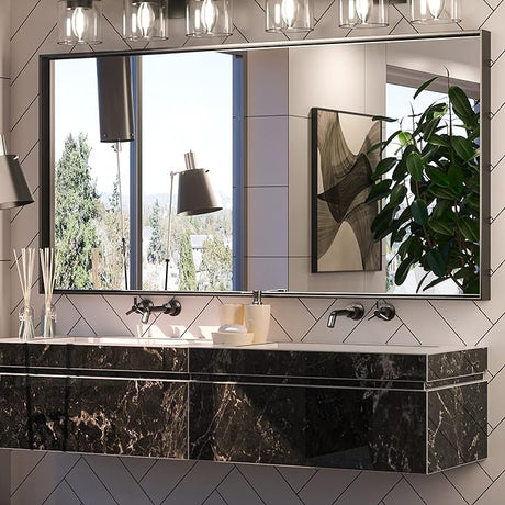 Silver Bathroom Vanity Mirror 60 x 30 Inch Rectangular Wall Mirror Large Metal Framed Mirror Square Corner Farmhouse Mirror,