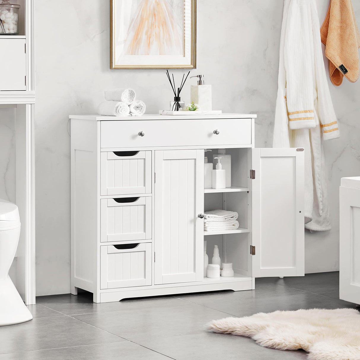 Bathroom Free-Standing Floor Cabinet, Practical Storage Cabinet with 4 Drawers