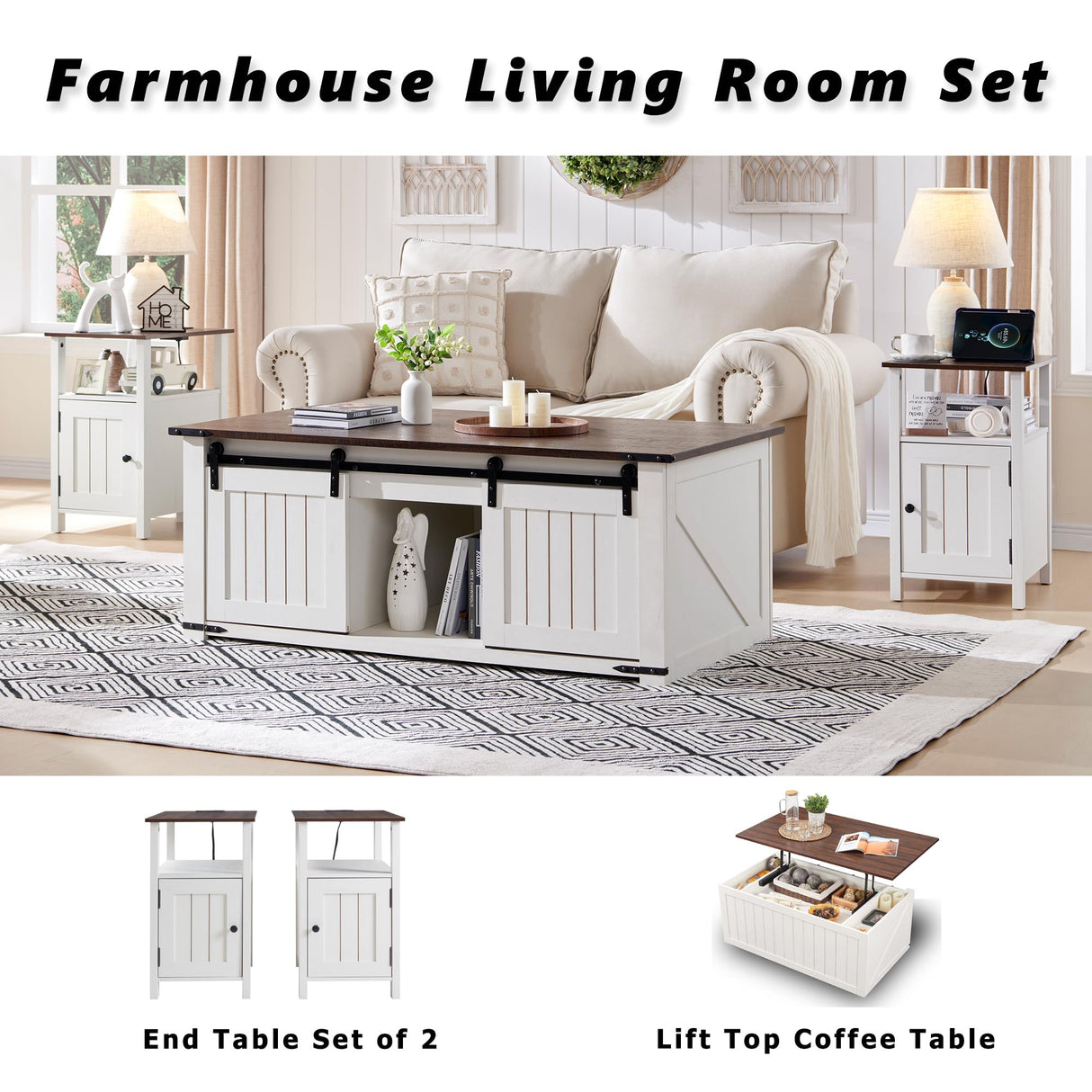 Farmhouse Nightstand Set of 2, End Table with Charging Station