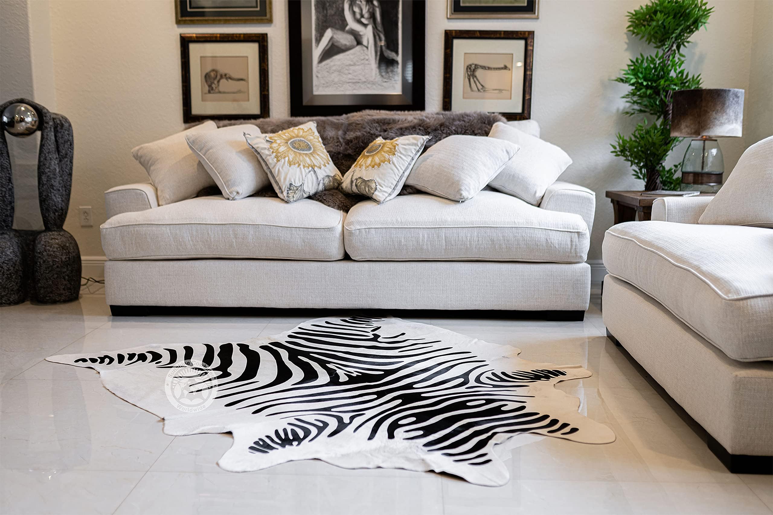 100% Genuine Zebra Print Black on Off White Cowhide Rug - Modern Style Animal