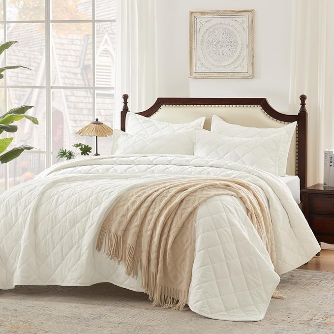 Luxury Velvet Queen Quilt Set, Ultra Soft Lightweight Quilted Velvet Comforter, Diamond