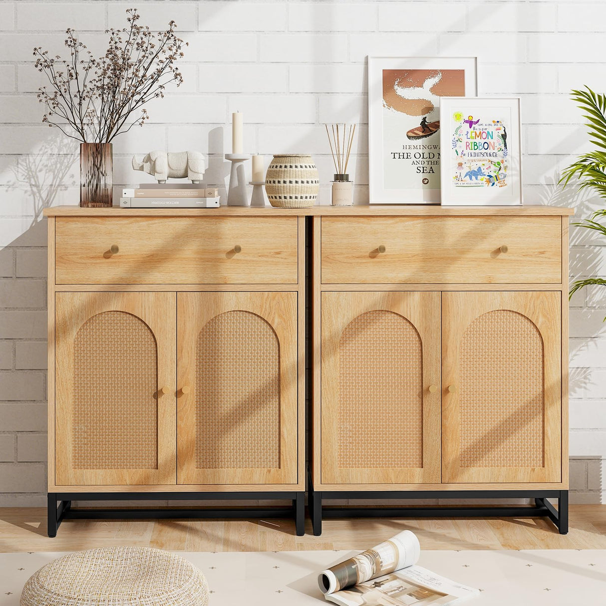 Bathroom Storage Cabinet with Rattan Doors & Drawer, Sideboard Buffet Cabinet Coffee Bar for Living Room, Hallway & Entryway, Freestanding Accent Floor Cabinet (Farmhouse, Natural)