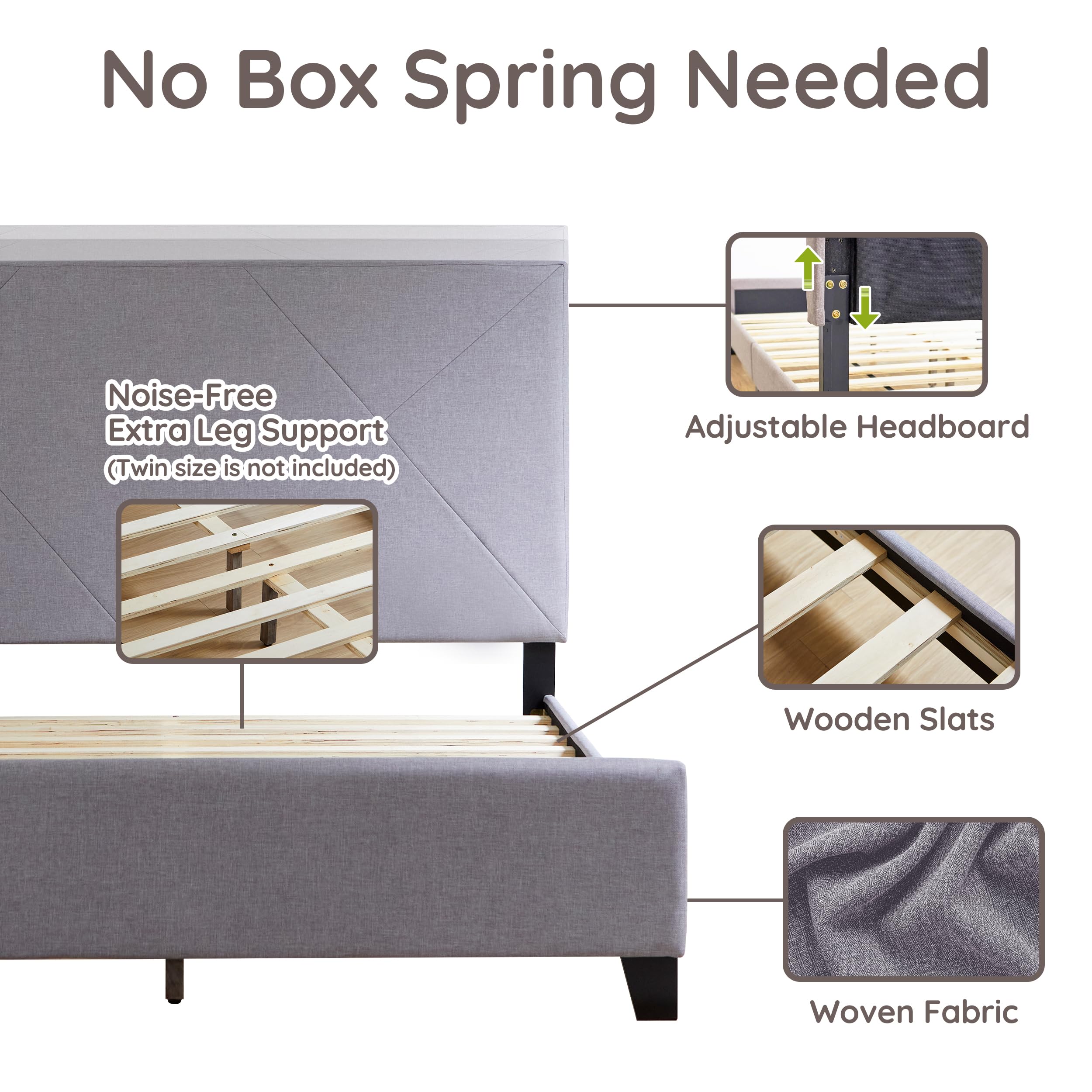 Stella Queen Platform Bed with Adjustable Headboard - Gray Fabric Upholstered Frame