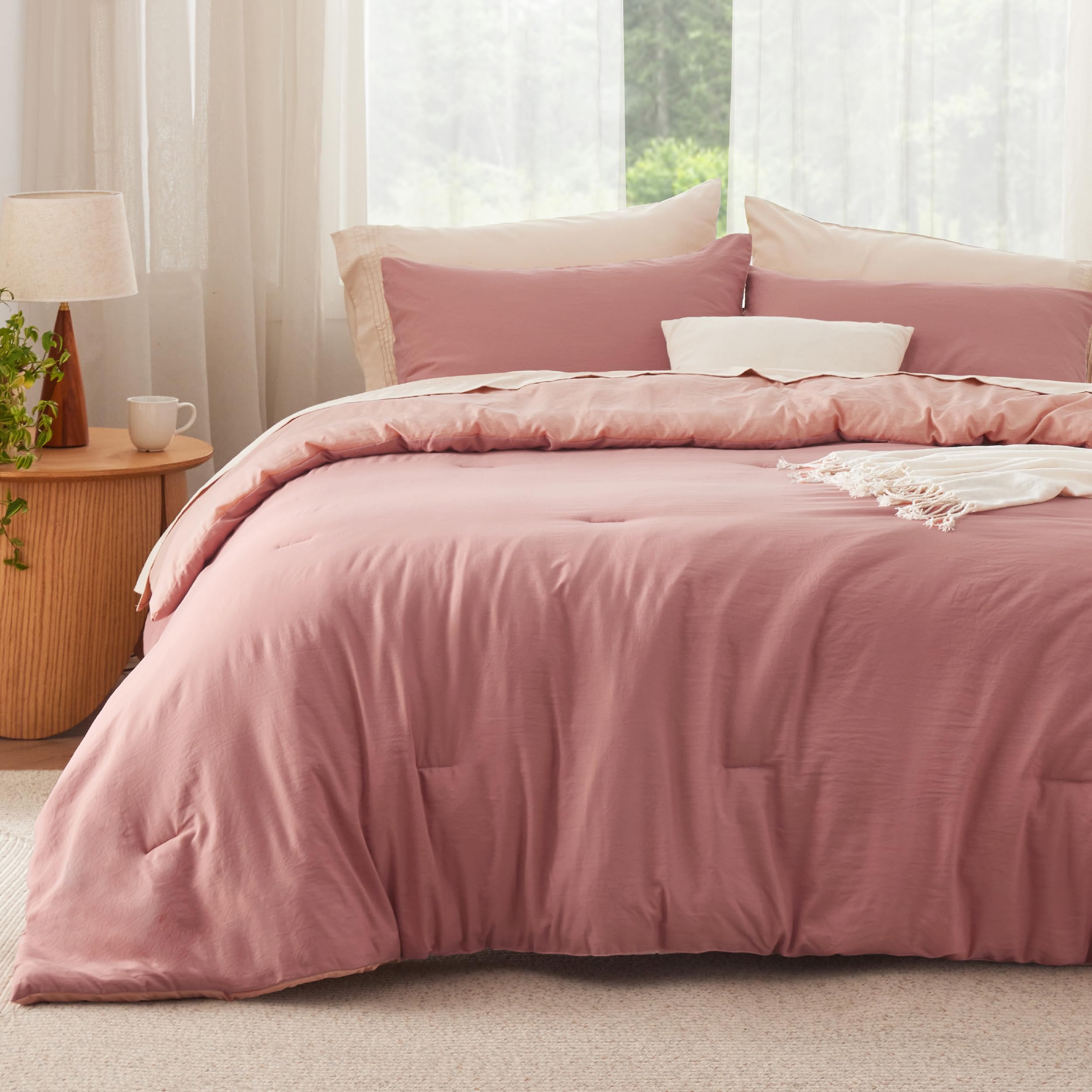 Queen Size Comforter Set - Reversible Pink Clay Soft Prewashed Bedding 3 Pieces