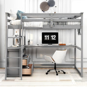 Full Size Loft Bed with Desk Wood Loft Bed Frame with Shelves, and 2 Built-in Drawers